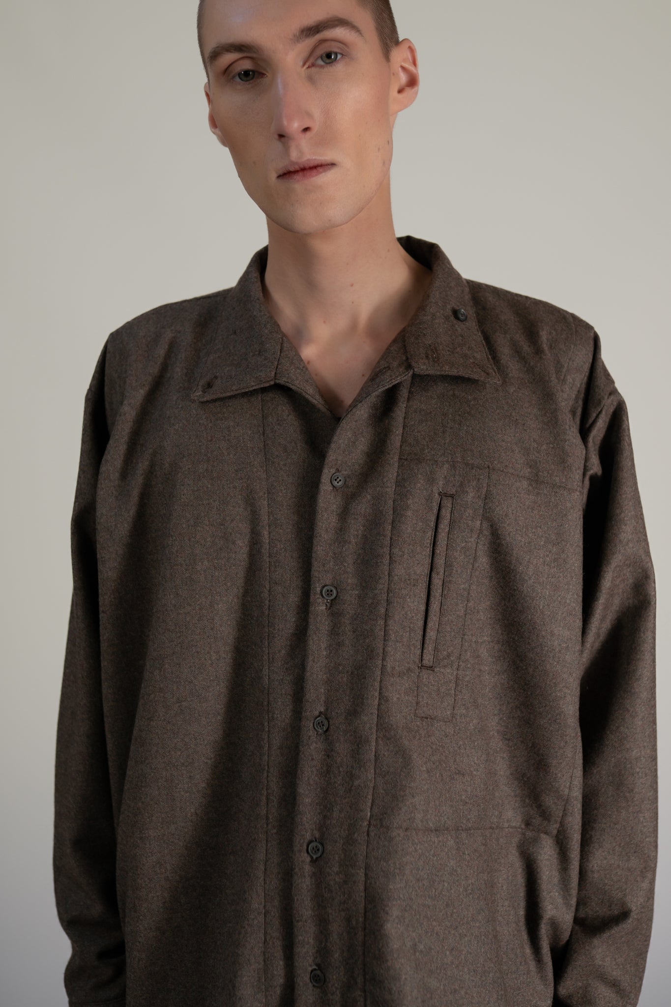 High Neck Shirt -  120's oxbridge flannel wool