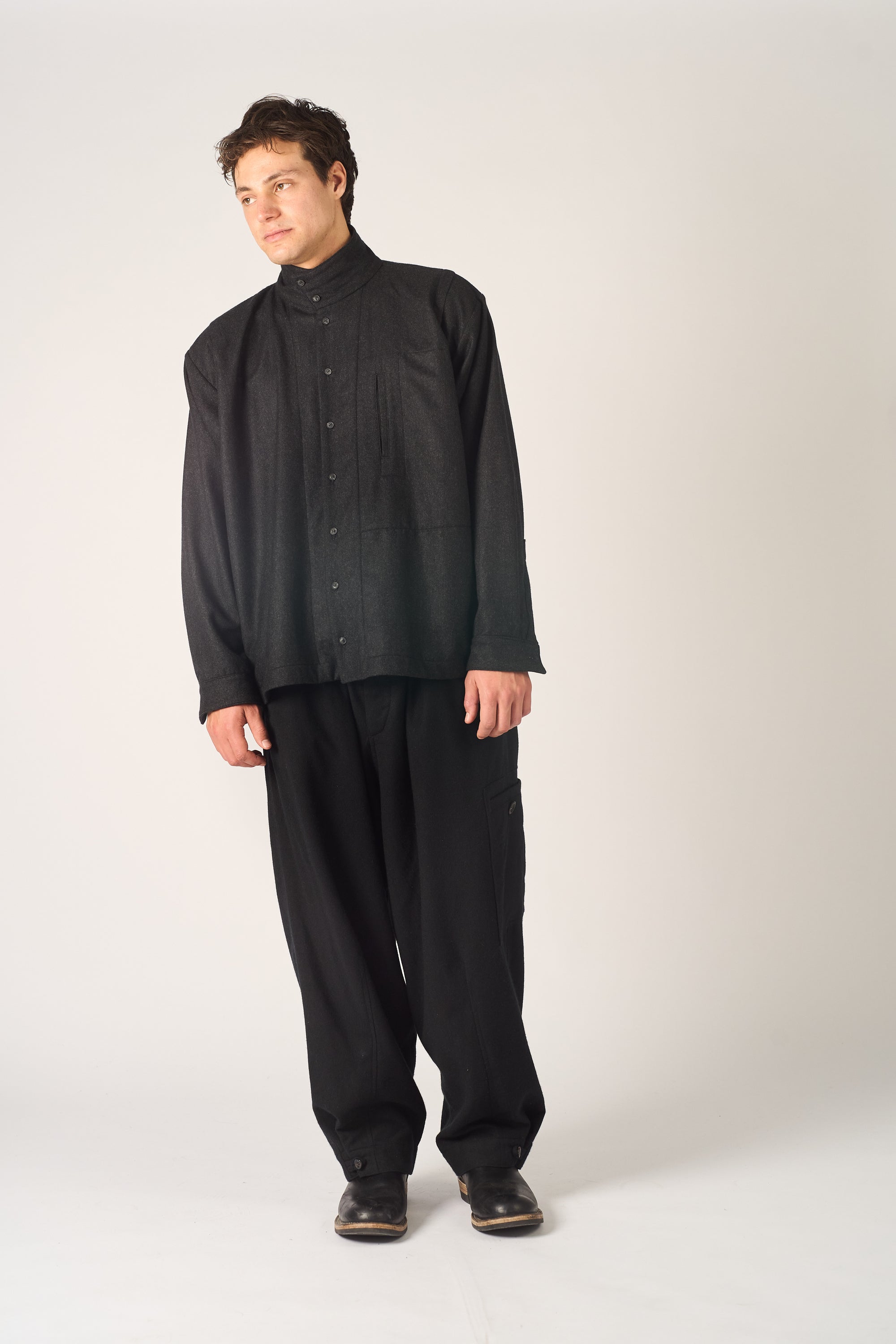 High Neck Shirt -  120's oxbridge flannel wool