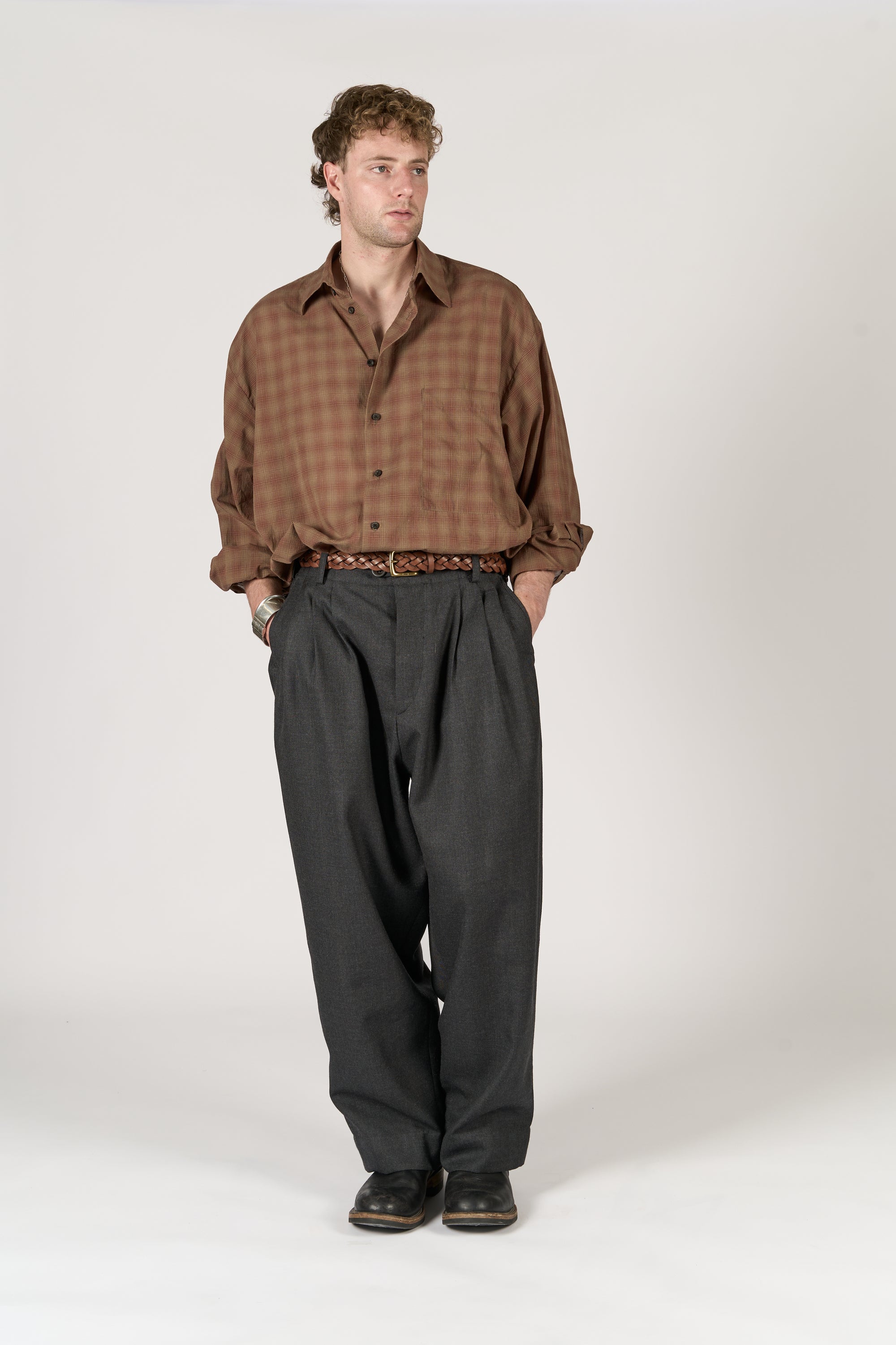 Triple Pleated Trouser - Grey Melange Pure Wool