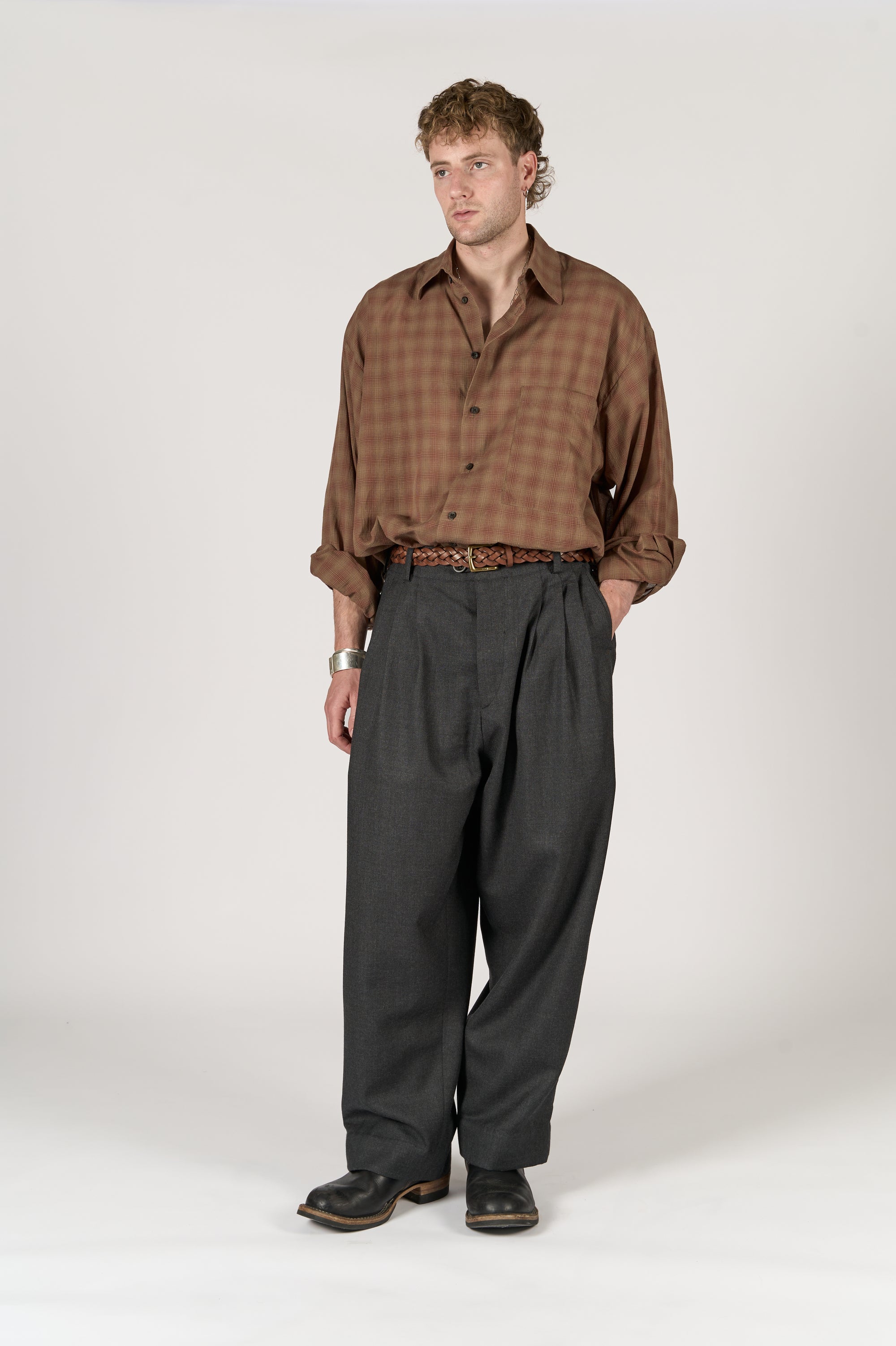 Triple Pleated Trouser - Grey Melange Pure Wool