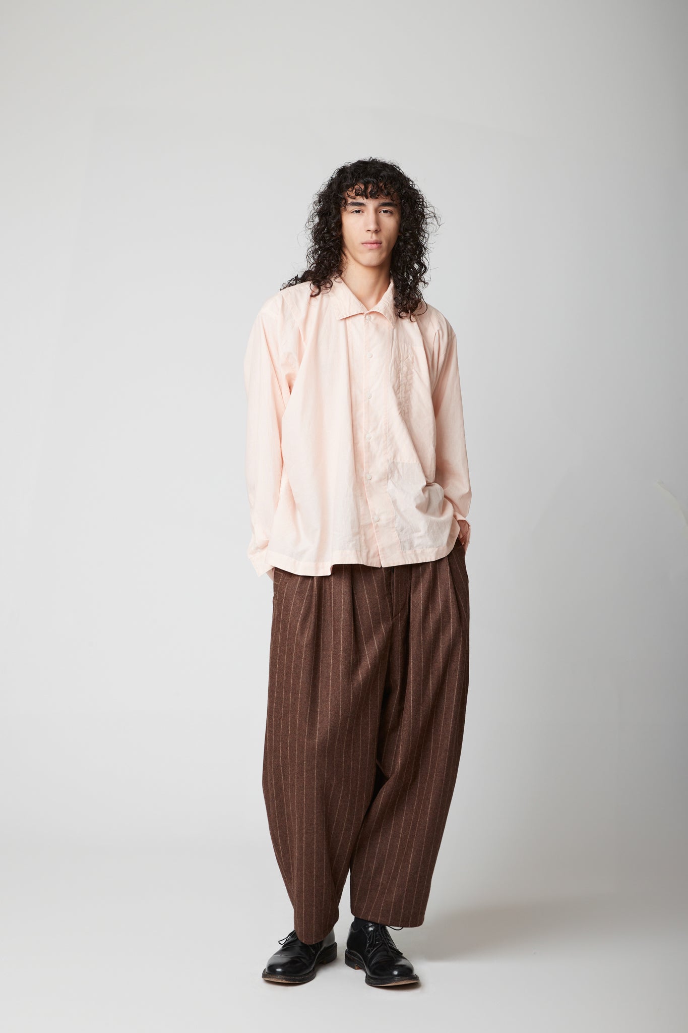High Neck Shirt -  Cotton cashmere pink pinstripe