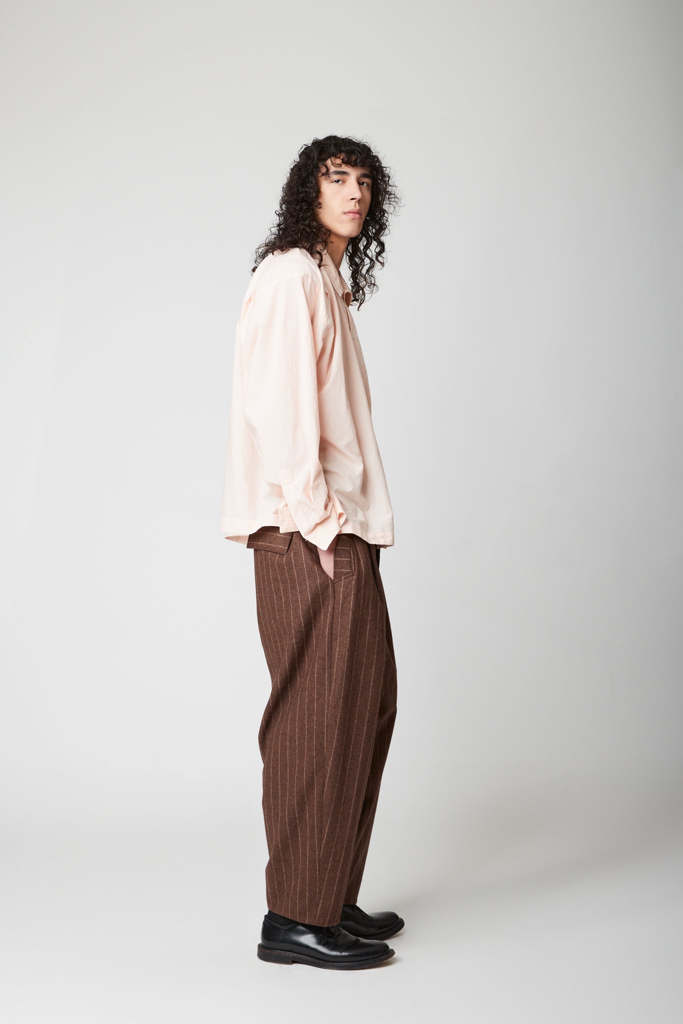 High Neck Shirt -  Cotton cashmere pink pinstripe