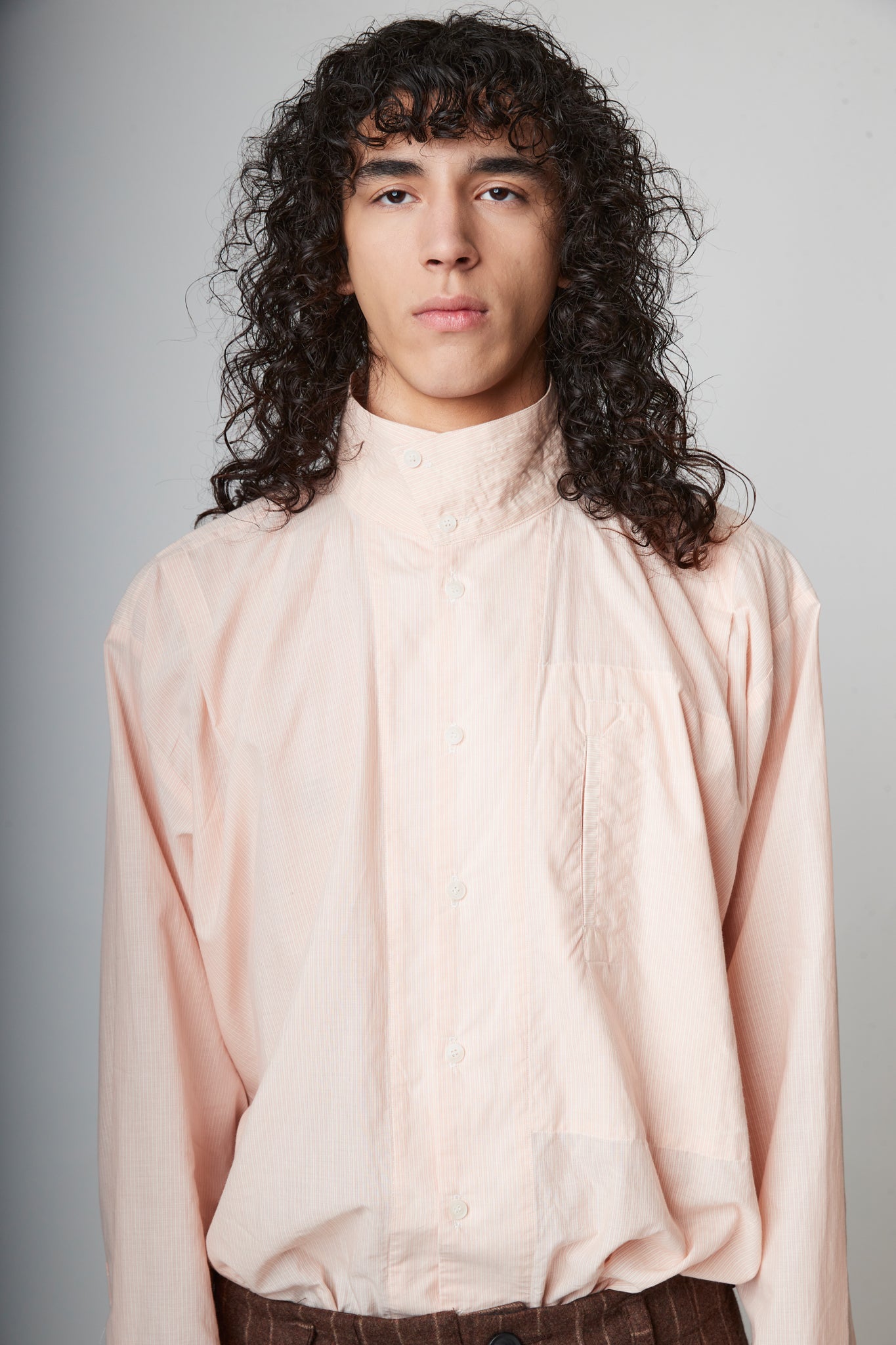 High Neck Shirt -  Cotton cashmere pink pinstripe