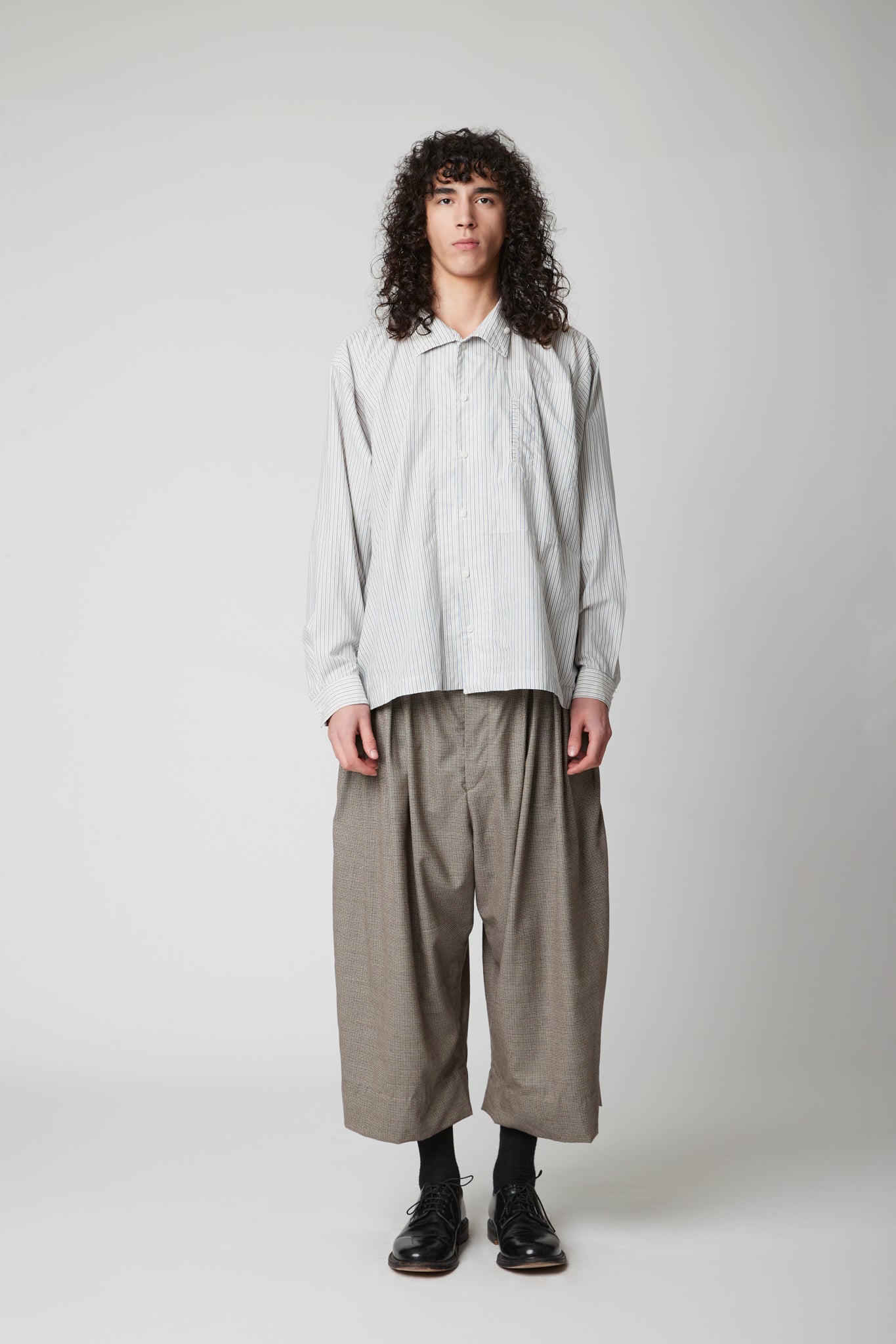 High Neck Shirt -  Cotton cashmere blue pinstripe