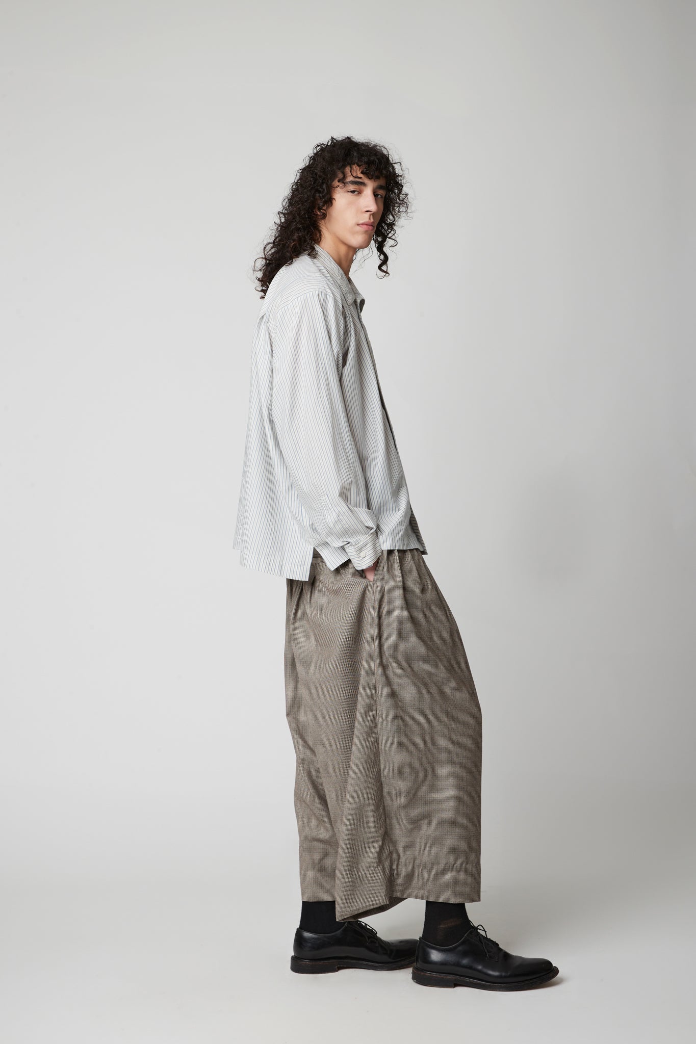 High Neck Shirt -  Cotton cashmere blue pinstripe