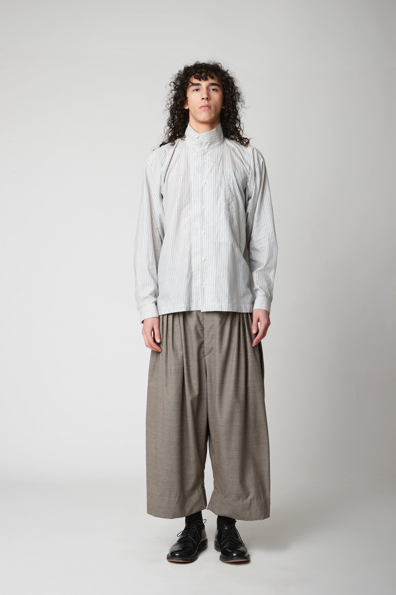 High Neck Shirt -  Cotton cashmere blue pinstripe